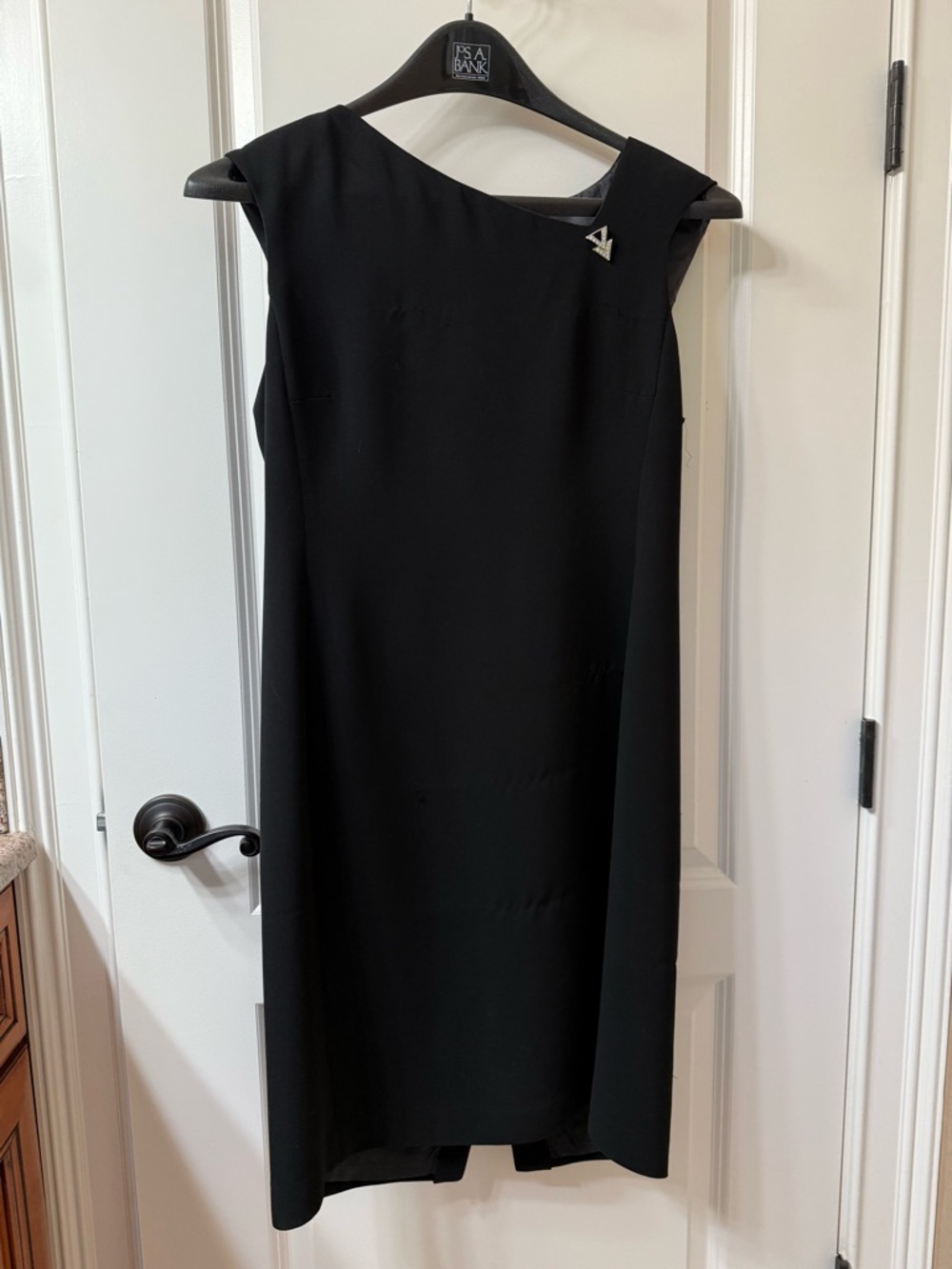 Evan Picone Black Sleeveless Midi Dress with Asymmetric Neckline and Pin